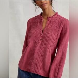 Anthropology Eze Sur Mer V-Neck Textured Boho Pin Tuck Long Sleeve Blouse | L